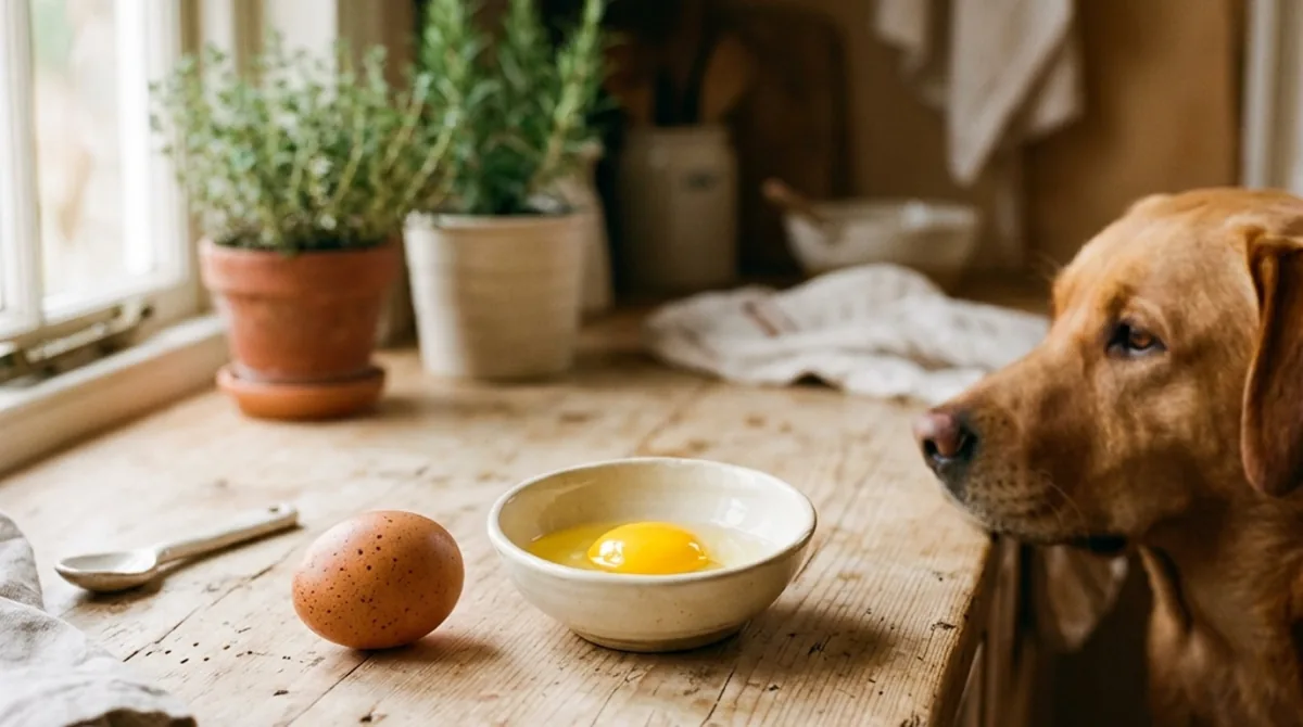 Warm, natural kitchen still life — a whole raw egg beside a cracked one in a small ceramic bowl on a light wooden surface, with a dog's blurred head just entering the frame at the edge in soft morning light