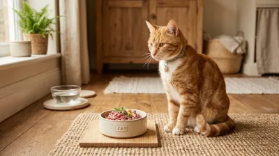 Calm healthy cat beside a food bowl in warm natural light — a cat partway through an 8–12 week elimination protocol