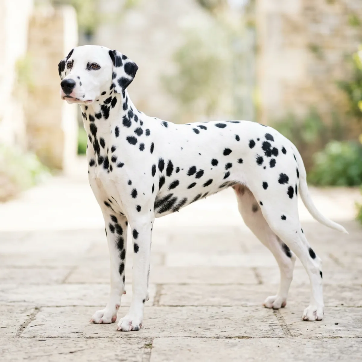 A healthy adult Dalmatian standing on light stone in bright, clean natural daylight — crisp white coat with sharp black spotting, no pink or bronze discolouration, clear bright eyes, relaxed posture
