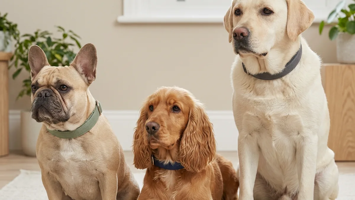 A diverse set of dog breeds arranged to imply anatomy differences — a wrinkled brachycephalic face, a floppy-eared spaniel, a dense-coated retriever — in a calm, veterinary-adjacent palette