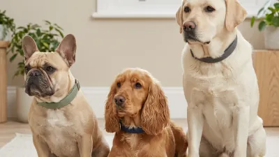 A diverse set of dog breeds arranged to imply anatomy differences — a wrinkled brachycephalic face, a floppy-eared spaniel, a dense-coated retriever — in a calm, veterinary-adjacent palette