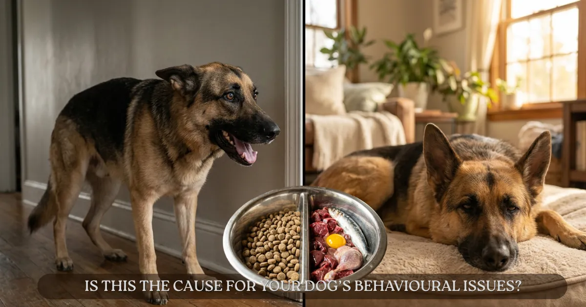 German Shepherd next to a food bowl with raw meat and kibble, contrasted with the same dog resting calmly — illustrating the gut-brain connection between diet and behavior