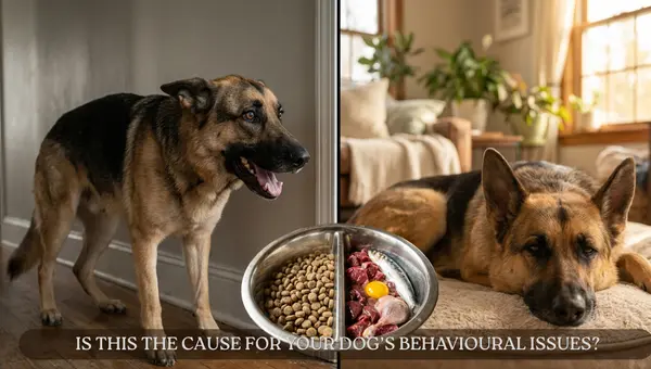 German Shepherd next to a food bowl contrasted with the same dog resting calmly — the gut-brain connection between diet and behavior