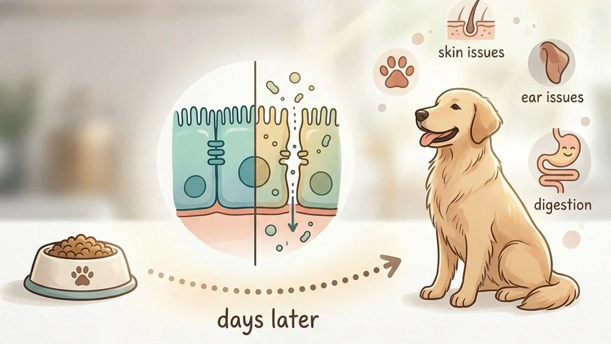 Editorial diagram-style illustration showing the invisible chain from a dog's food bowl, through a stylised gut-barrier cross-section, to a calm dog with scattered skin, ear and gut symptom icons, connected by a dotted timeline arrow labelled 'days later'
