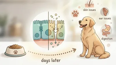 Editorial diagram-style illustration showing the chain from a dog's food bowl, through a stylised gut-barrier cross-section, to a calm dog with scattered skin, ear and gut symptom icons