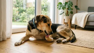 A relaxed mixed-breed dog licking a front paw on a sunlit wooden floor — the everyday sign of recurrent yeast