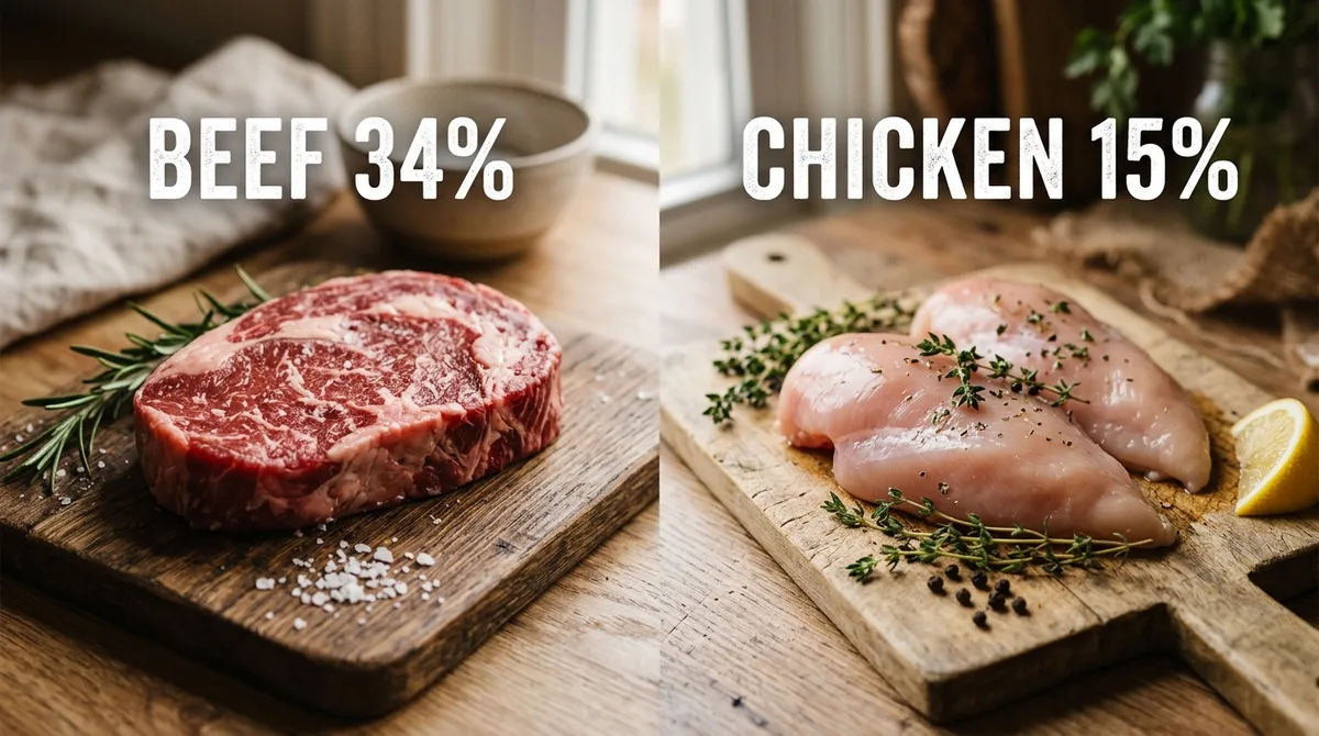 Side-by-side comparison of raw beef and raw chicken with allergy data percentages — beef 34%, chicken 15%