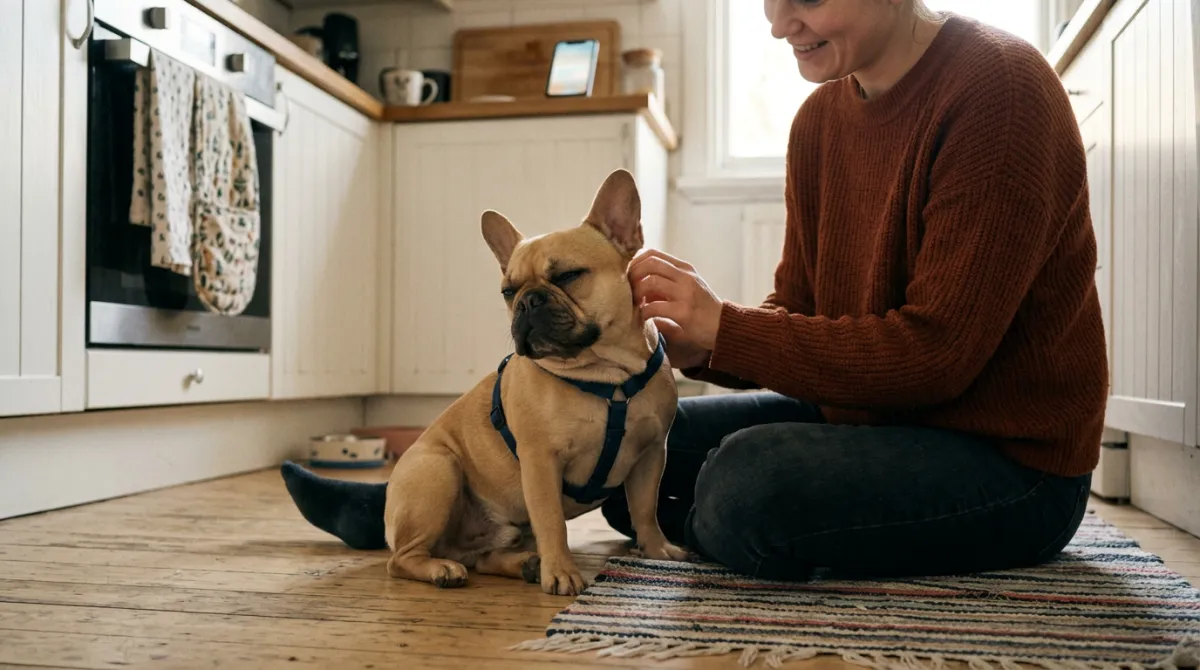 Close-up of an adorable French Bulldog looking directly at the camera with warm, trusting eyes — healthy coat and endearing expression