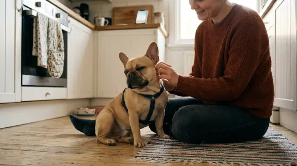 Close-up of an adorable French Bulldog with warm trusting eyes and healthy coat