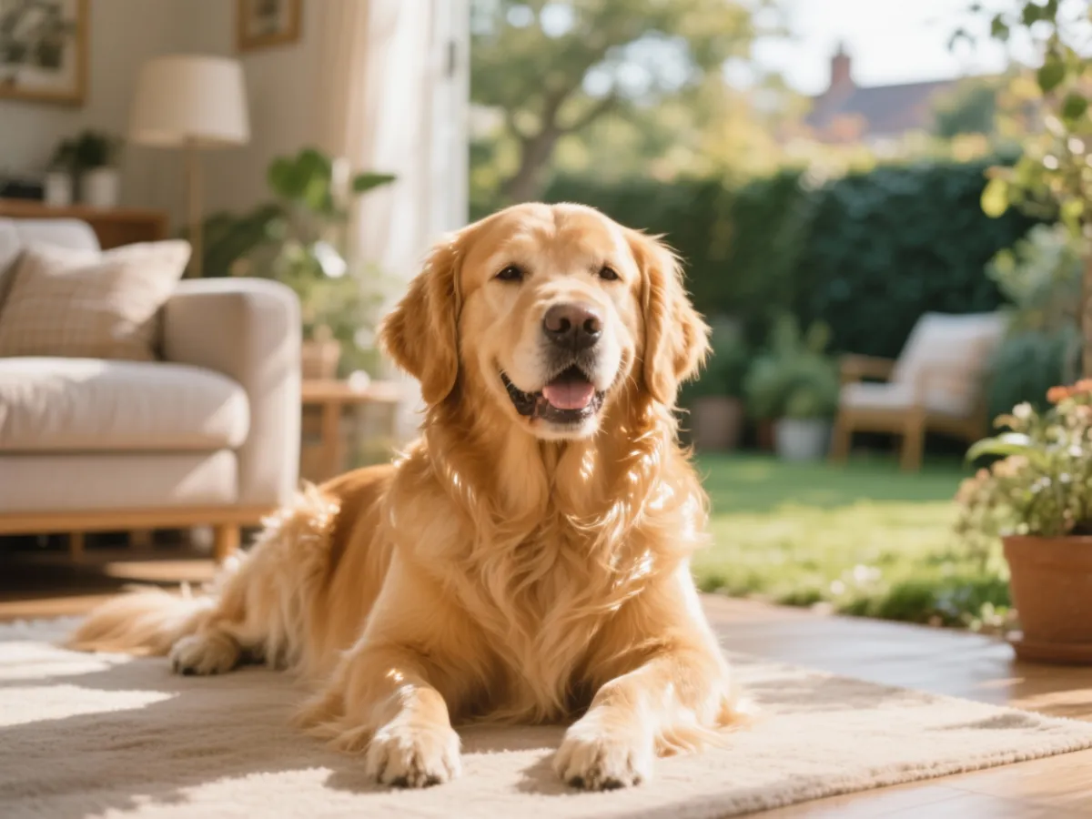 Healthy Golden Retriever relaxing at home with a shiny coat