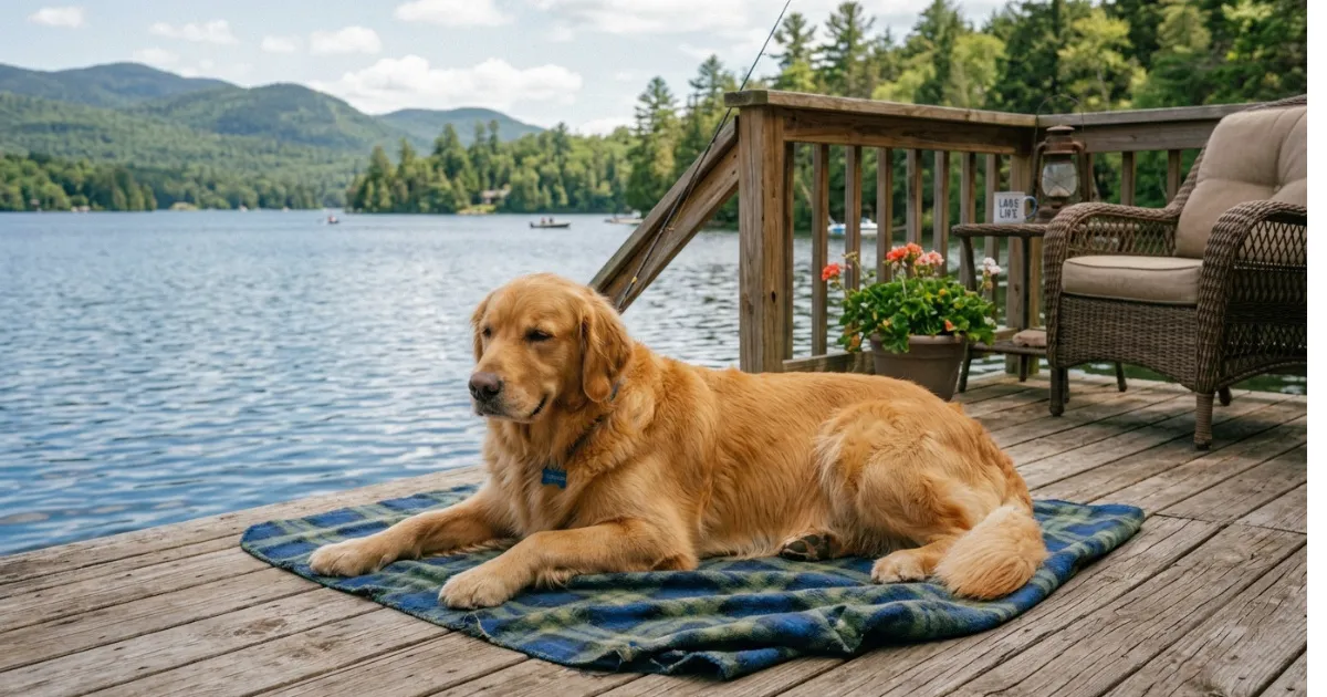 Golden Retriever lying contentedly on a blanket on a lakeside deck with mountains in the background