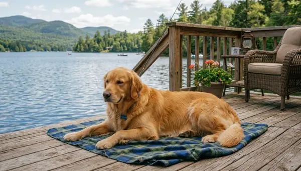 Golden Retriever lying contentedly on a lakeside deck — healthy skin after identifying food triggers
