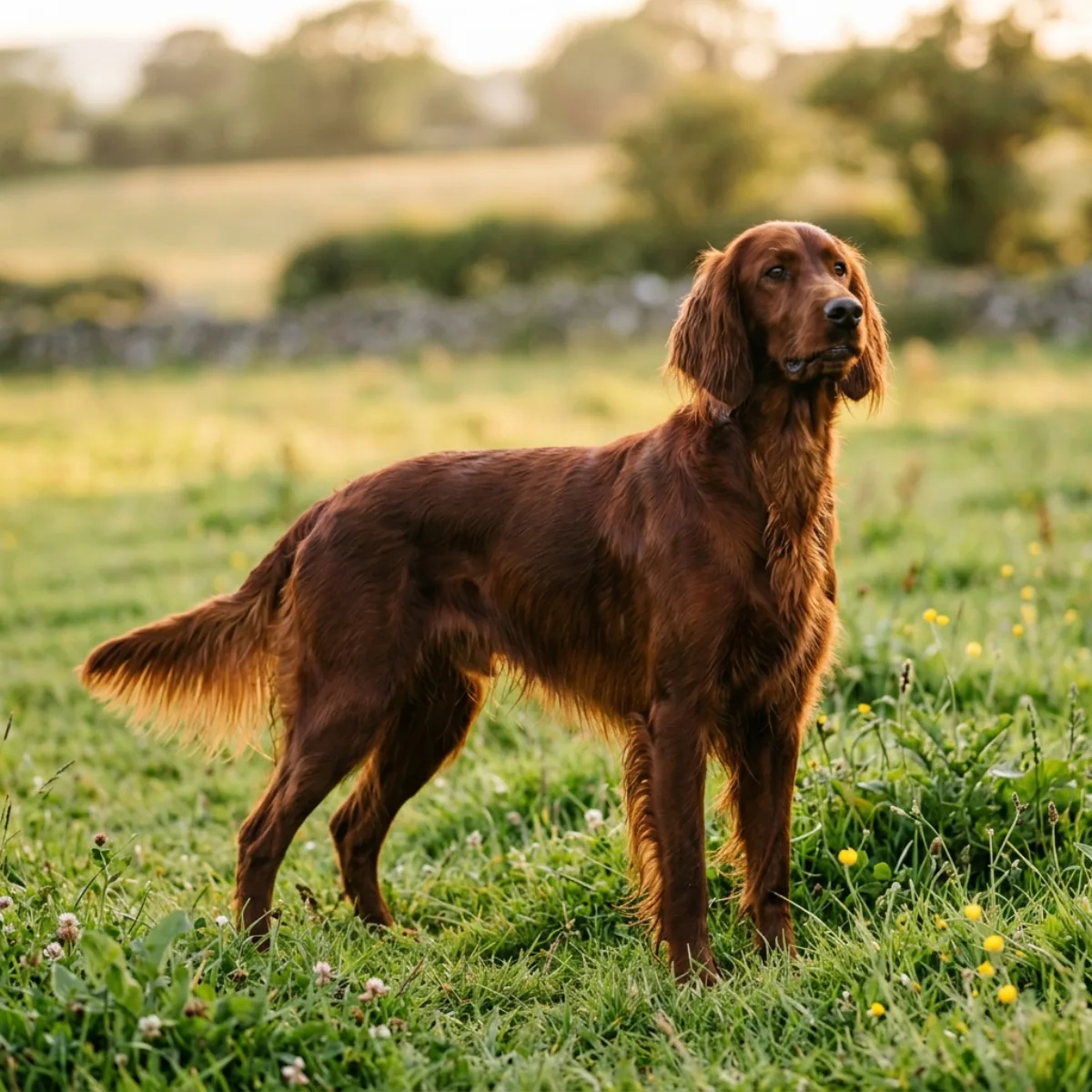 A healthy adult Irish Setter in good condition on grass in soft golden afternoon light — deep mahogany-red coat with genuine gloss, well-covered ribs and good body condition, relaxed alert expression