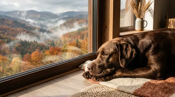 Healthy chocolate Labrador resting peacefully by a window with autumn mountains
