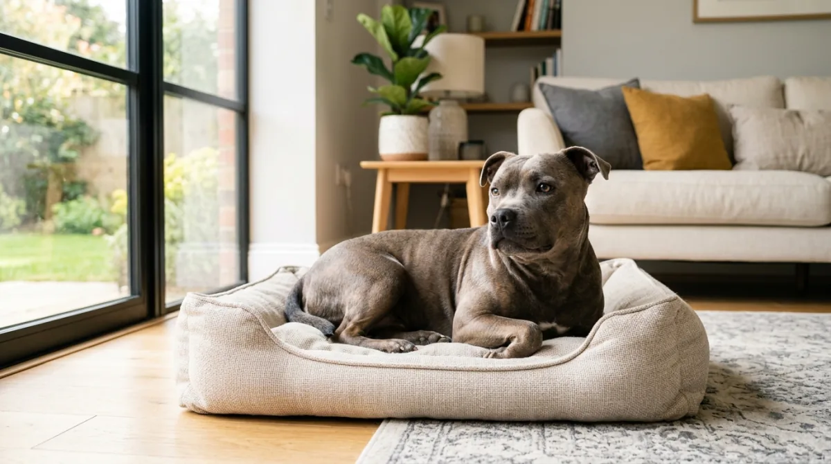Warm photograph of a healthy, content Pitbull or Staffy in soft natural indoor light — bright eyes, glossy coat, relaxed posture