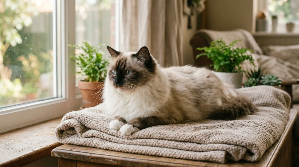A calm Ragdoll cat with classic seal-point colouring and a full plush coat, relaxed in soft natural indoor light
