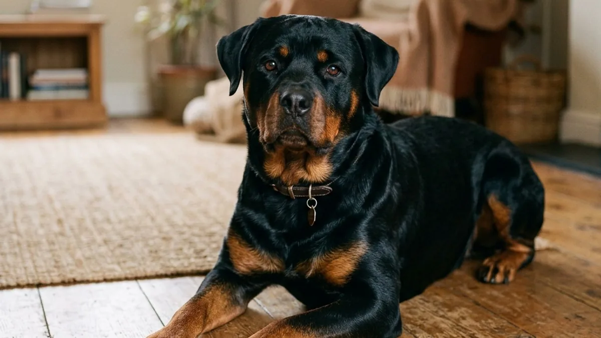 A healthy, calm adult Rottweiler lying on a warm-toned wooden floor in soft natural daylight, glossy black-and-tan coat, alert but relaxed expression
