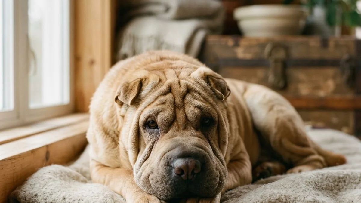A wrinkled Chinese Shar-Pei resting calmly in soft natural light, deep facial and body skin folds clearly visible against a warm neutral background
