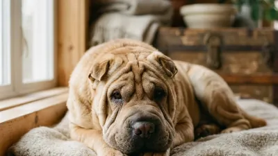 A wrinkled Chinese Shar-Pei resting calmly in soft natural light, deep facial and body skin folds clearly visible against a warm neutral background