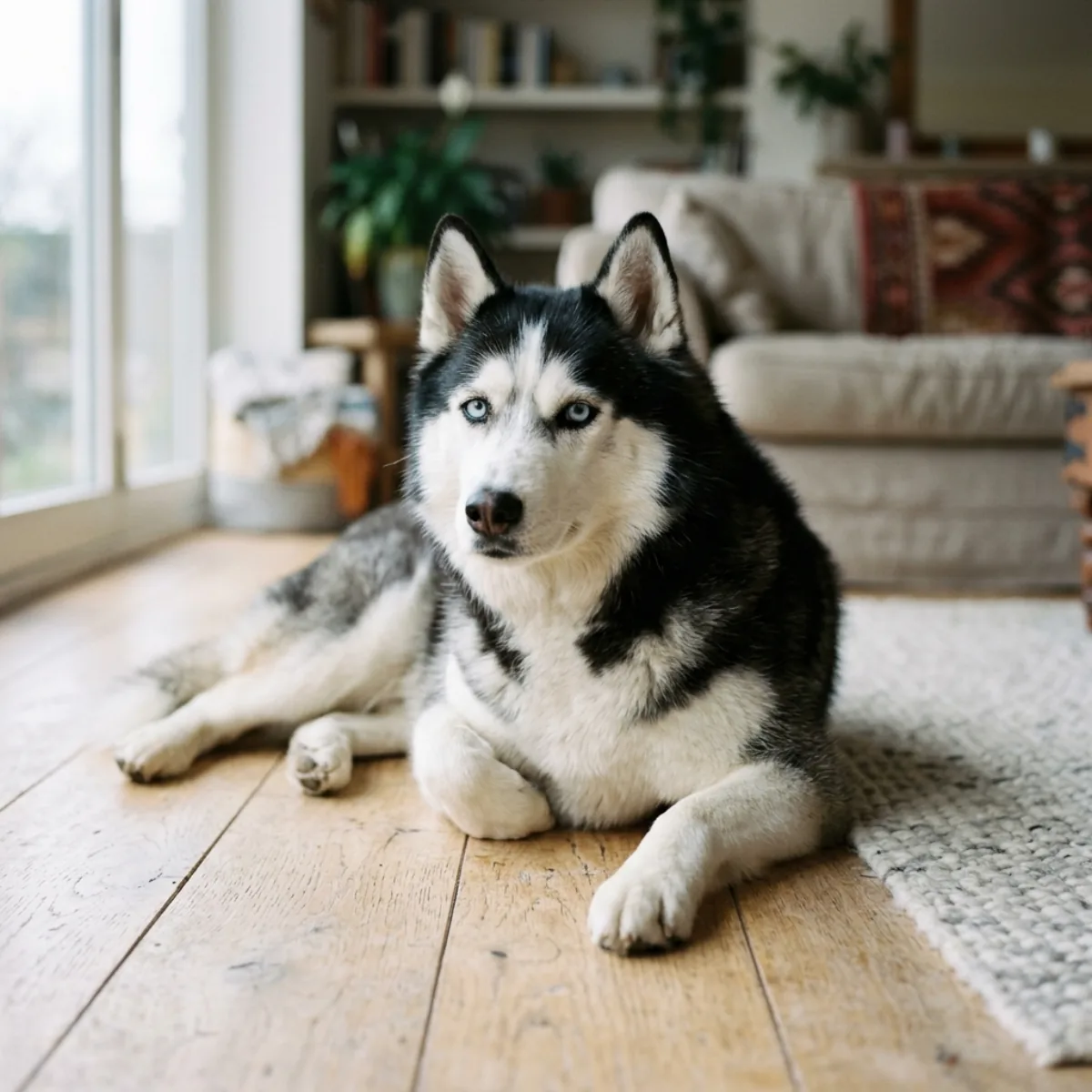 A healthy adult Siberian Husky lying calmly on a pale wooden floor in soft, cool natural daylight — clean face, clear skin around the eyes and muzzle, thick well-conditioned double coat, relaxed alert expression