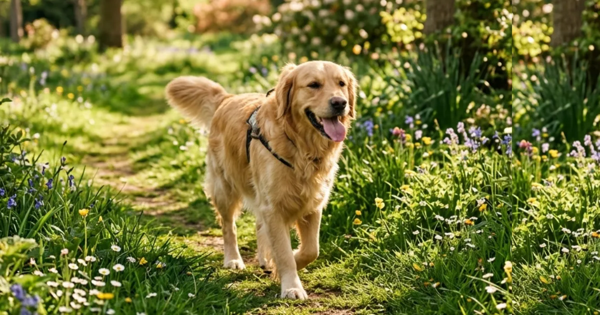 Golden Retriever walking along a grassy path surrounded by spring wildflowers and trees