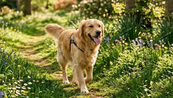 Golden Retriever walking along a grassy path surrounded by spring wildflowers