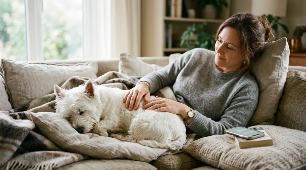 Close-up of a West Highland White Terrier with bright eyes and a clean white coat in warm natural lighting